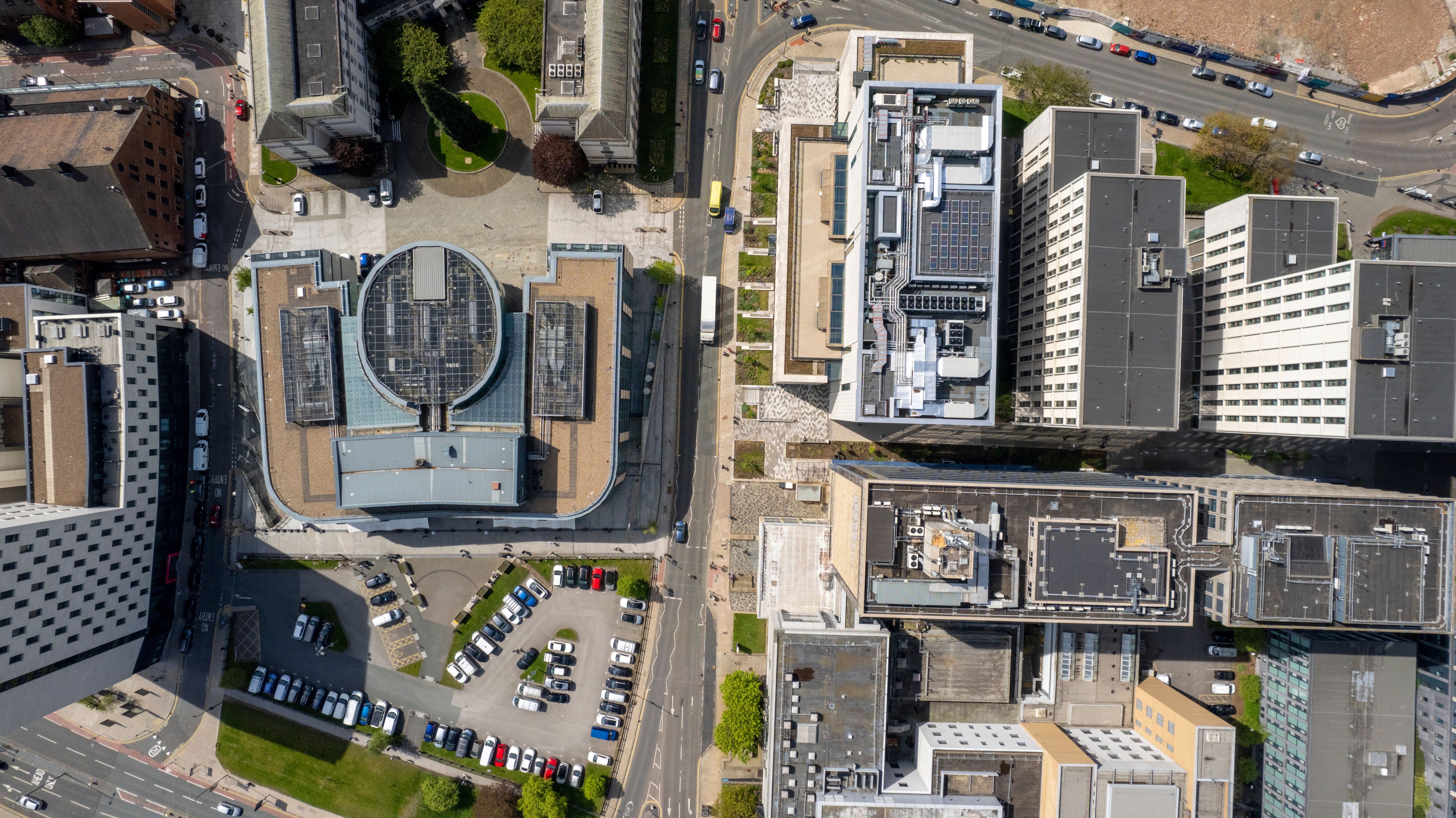 A stunning aerial view of Leeds cityscape showcasing modern architecture and urban planning.